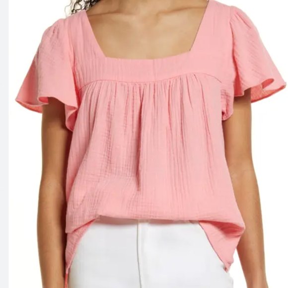 CASLON Square Neck Cotton Short Sleeve Popover In Pink Flamingo size 4X - Picture 1 of 8